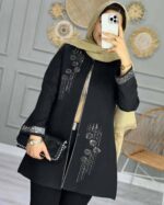 مانتو مجلسی زنانه مدل غوغا | جنس مازراتی درجه یک | رنگ مشکی تک | فری سایز 36 تا 46 - تصویر 3